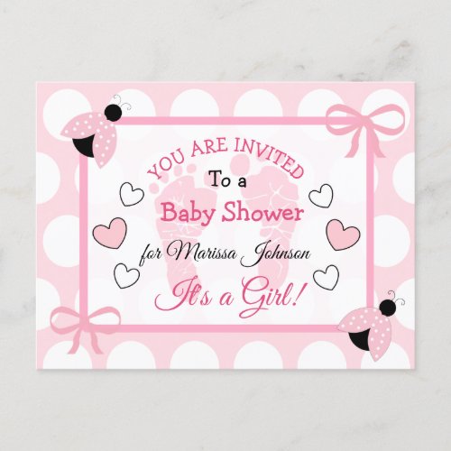 Cute Pink Ladybug Girls Baby Shower Themed Invite