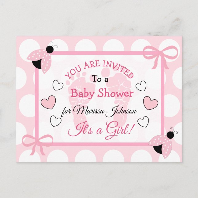 Cute Pink Ladybug Girl's Baby Shower Themed Invite (Front)