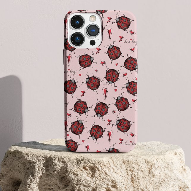 Cute Pink Ladybug Hearts Love Bug Illustration Case-Mate iPhone Case (Cute Hand-Drawn Red Ladybugs, Red Hearts & Hand-Written "Love Bug" against a Pink Background.)
