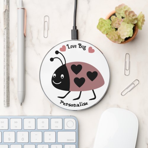 Cute Pink Ladybug Love Bug Hearts White Wireless Charger