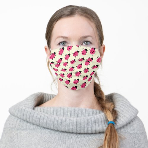 Cute Pink Ladybug Pattern on Ivory Adult Cloth Face Mask