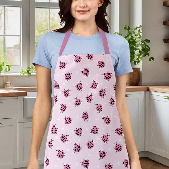 Cute Pink Ladybug Polka Dot Hearts Pattern Apron (Creator Uploaded)