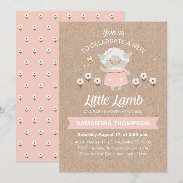 Cute Pink Lamb Baby Girl Shower Invitation (Front/Back)