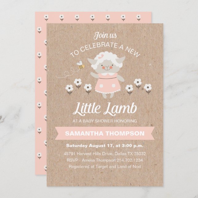 Cute Pink Lamb Baby Girl Shower Invitation (Front/Back)