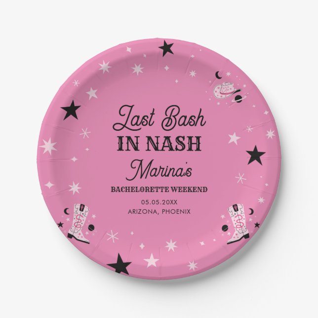 Cute Pink Last Bash in Nash Nashville Bachelorette Paper Plates (Front)
