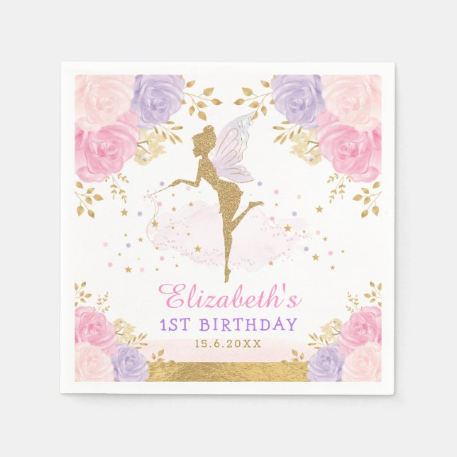 Cute Pink Lavender Fairy Baby Shower 1st Birthday Napkins (Front)