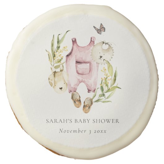 Cute Pink Leafy Foliage Girl Clothes Baby Shower Sugar Cookie (Front)