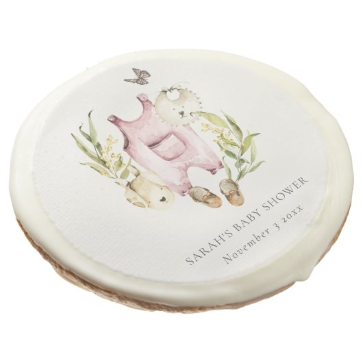 Cute Pink Leafy Foliage Girl Clothes Baby Shower Sugar Cookie (Angled)