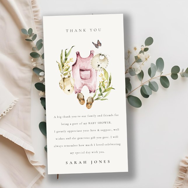 Cute Pink Leafy Foliage Girl Clothes Baby Shower Thank You Card (Creator Uploaded)