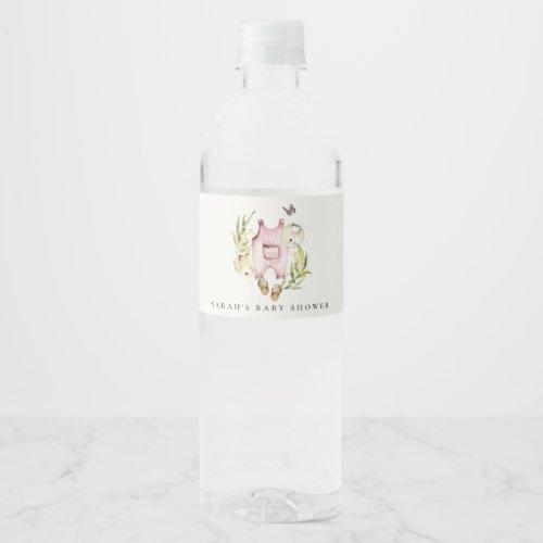 Cute Pink Leafy Foliage Girl Clothes Baby Shower Water Bottle Label