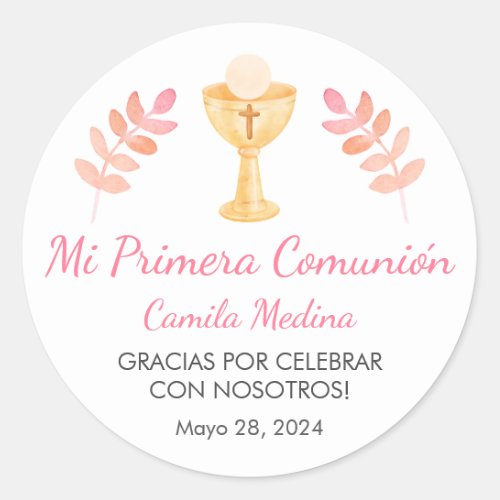 Cute Pink Leaves in Spanish First Communion  Classic Round Sticker