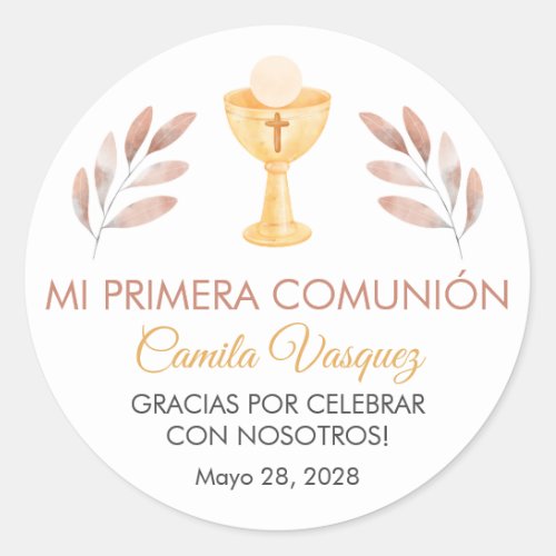 Cute Pink Leaves in Spanish First Communion  Classic Round Sticker