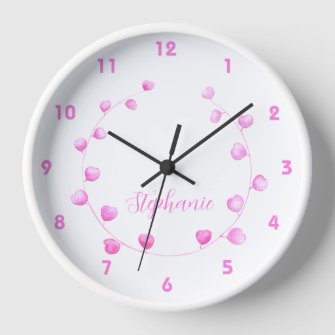 Cute Pink Leaves Wreath Personalized Kids Clock