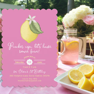 Cute Pink Lemonade Lemon Themed Birthday  Invitation
