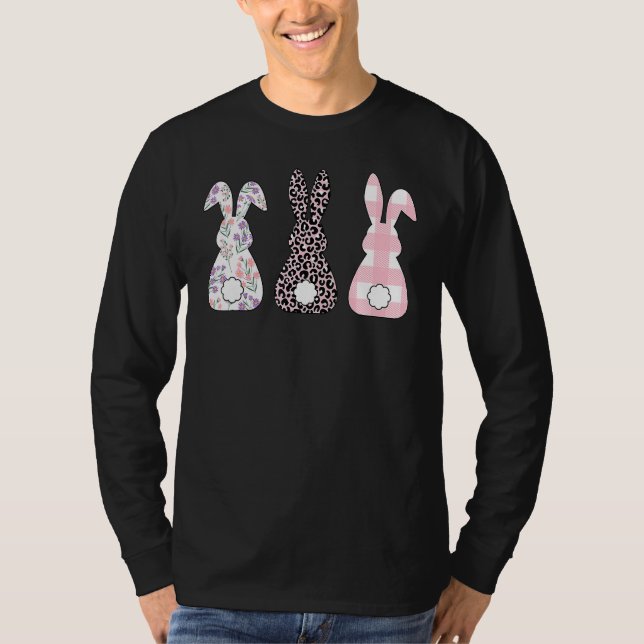 Cute Pink Leopard Plaid Flower Happy Easter Trio B T-Shirt (Front)