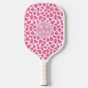 Cute Pink Leopard Print Monogrammed Pickleball Paddle