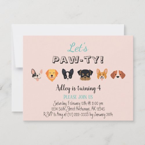 Cute Pink Lets Pawty Girl Puppy Birthday Party Invitation