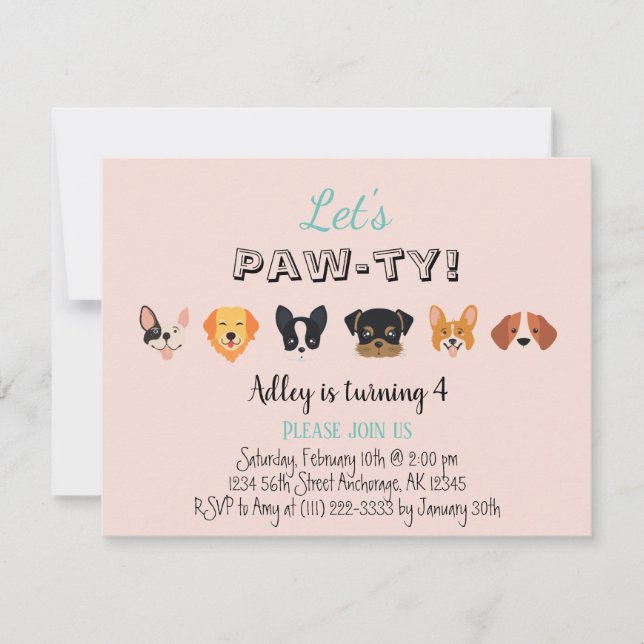 Cute Pink Let's Pawty Girl Puppy Birthday Party Invitation (Front)