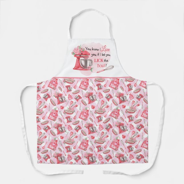 Cute Pink "Lick the Bowl" Baking Kitchen Apron (Front)
