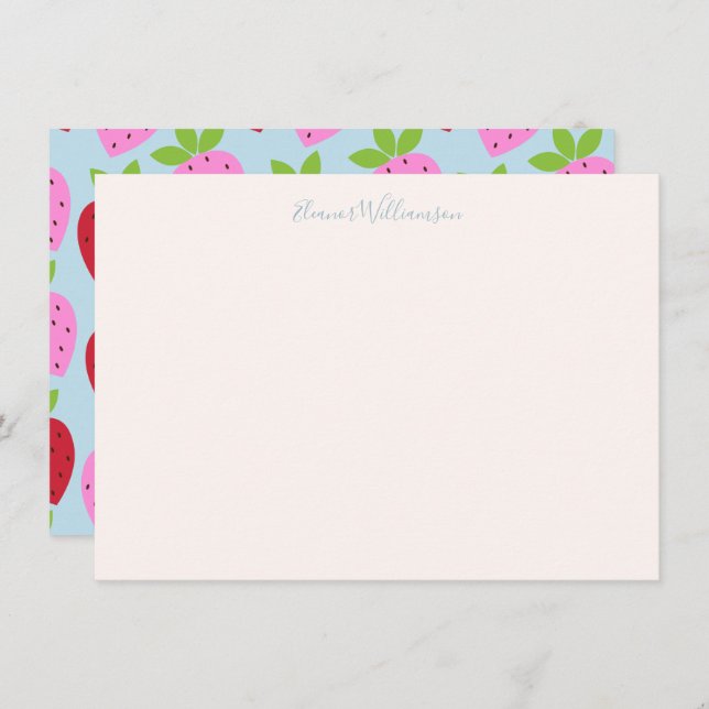 Cute Pink Light Blue Strawberry Fruit Custom Name Note Card (Front/Back)