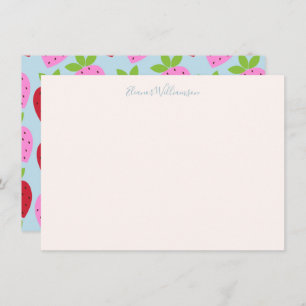 Cute Pink Light Blue Strawberry Fruit Custom Name Note Card
