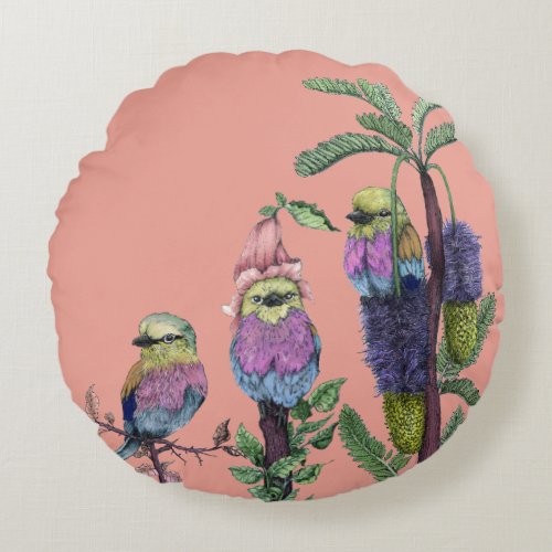 Cute Pink Lilac Breasted Roller African Bird Round Pillow