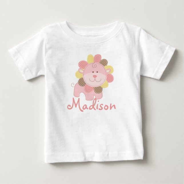 Cute Pink Lion Safari Jungle Personalized Birthday Baby T-Shirt (Front)