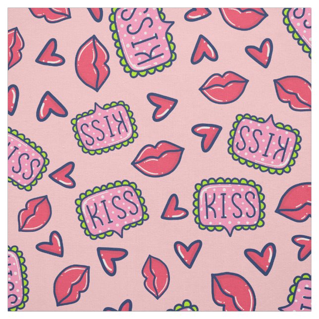 Cute Pink Lips Kisses & Hearts Doodle Patterned Fabric (Swatch)