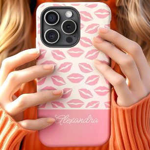 Cute Pink Lipstick Kisses Script Name iPhone 15 Case