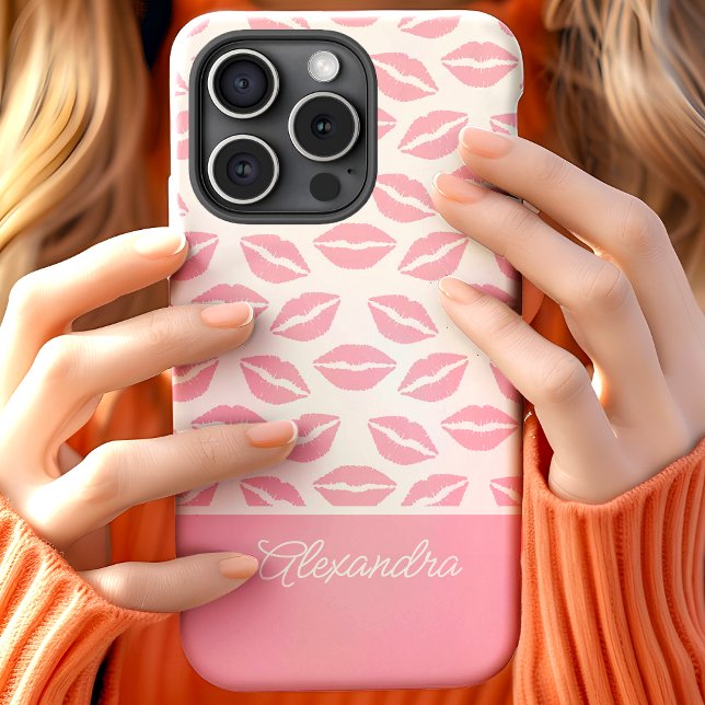 Cute Pink Lipstick Kisses Script Name Case-Mate iPhone Case (Creator Uploaded)