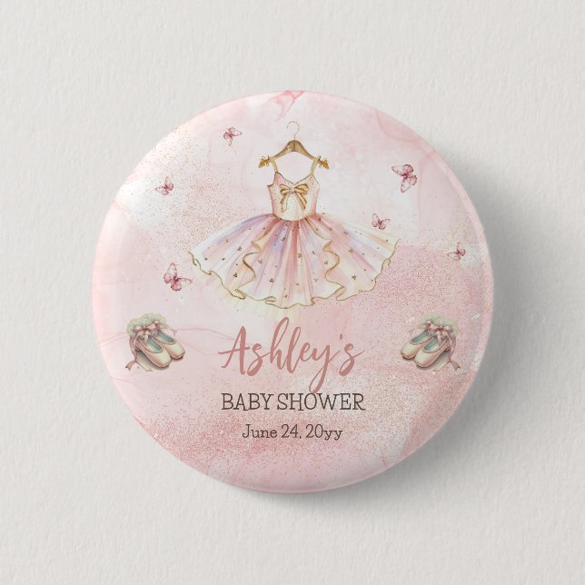 Cute Pink Little Ballerina Tutu Girl Baby Shower Button (Front)
