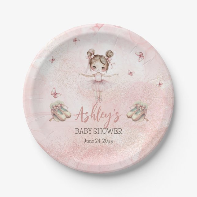 Cute Pink Little Ballerina Tutu Girl Baby Shower Paper Plates (Front)