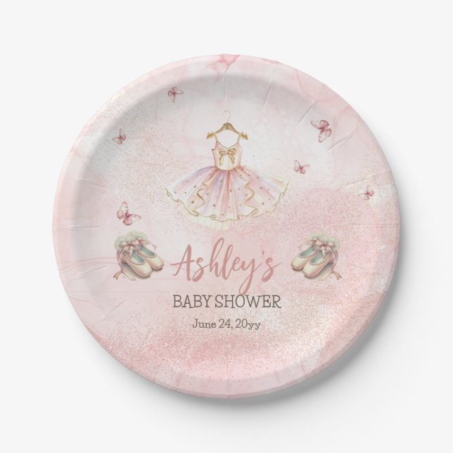 Cute Pink Little Ballerina Tutu Girl Baby Shower Paper Plates (Front)