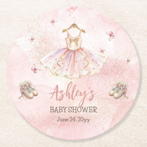 Cute Pink Little Ballerina Tutu Girl Baby Shower Round Paper Coaster