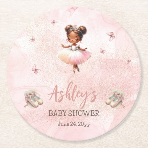 Cute Pink Little Ballerina Tutu Girl Baby Shower Round Paper Coaster