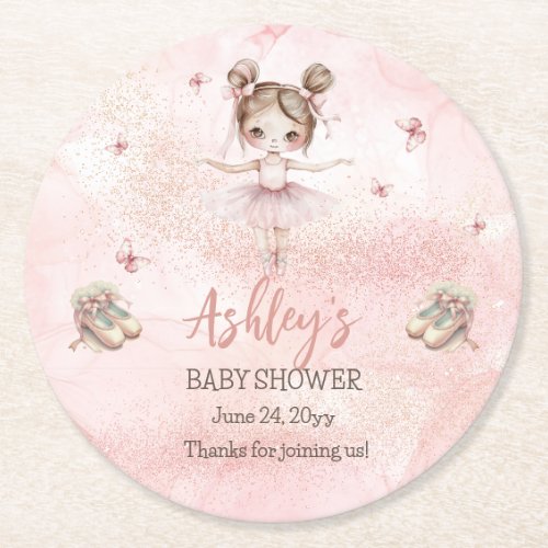 Cute Pink Little Ballerina Tutu Girl Baby Shower Round Paper Coaster
