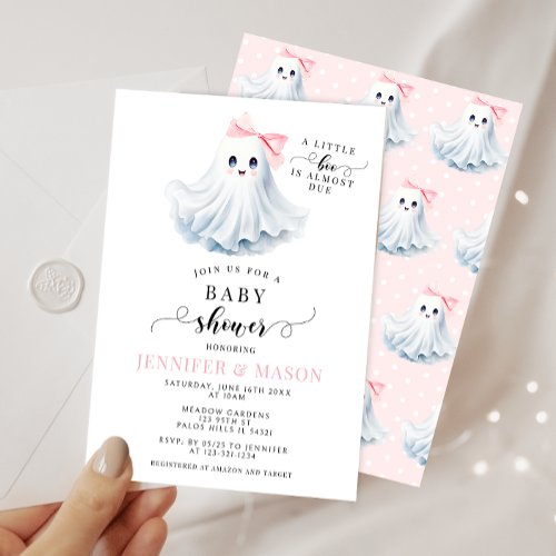 Cute Pink Little Boo Ghost Bow Baby Girl Shower Invitation