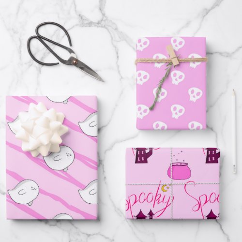 Cute Pink Little Boo Ghost Skull Halloween Gift Wrapping Paper Sheets