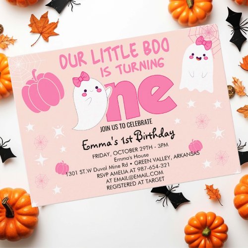 Cute Pink Little Boo Halloween First Birthday Invitation