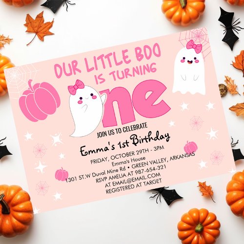 Cute Pink Little Boo Halloween First Birthday Invitation