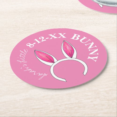 Cute Pink Little Bunny Rabbit Ears Baby Shower  Round Paper Coaster