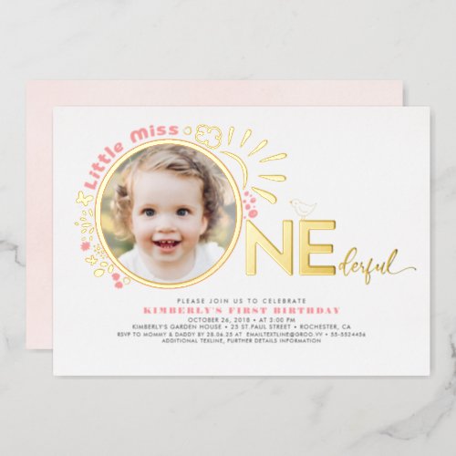 Cute Pink Little Miss Onederful 1st Birthday Photo Foil Invitation