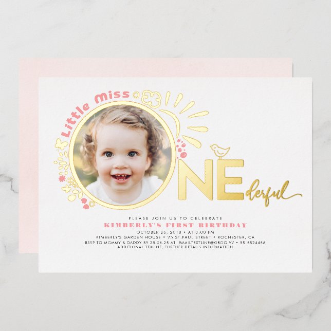Cute Pink Little Miss Onederful 1st Birthday Photo Foil Invitation (Front/Back)