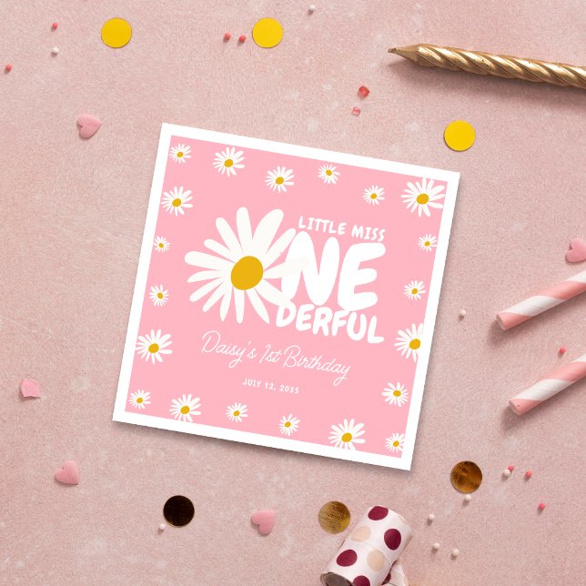 Cute Pink Little Miss ONEderful Daisy 1st Birthday Napkins (Creator Uploaded)