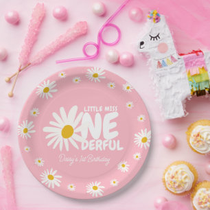 Cute Pink Little Miss ONEderful Daisy 1st Birthday Paper Plates