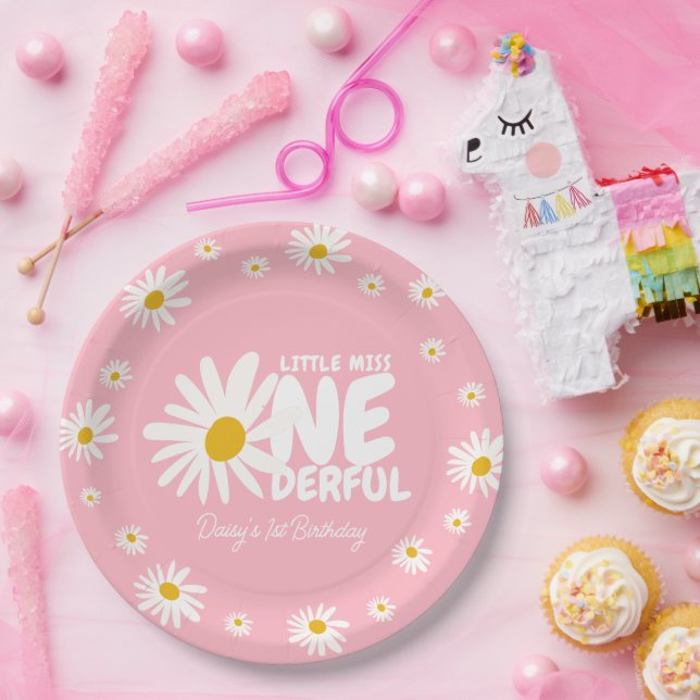 Cute Pink Little Miss ONEderful Daisy 1st Birthday Paper Plates (Party)