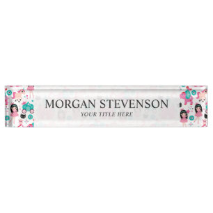 Cute Pink Little Princess Unicorn Magical Pattern Desk Name Plate