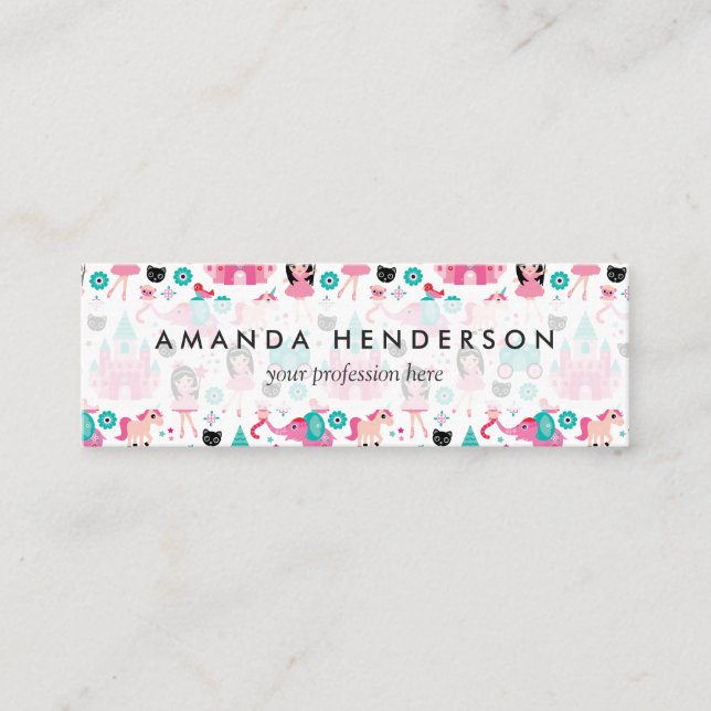 Cute Pink Little Princess Unicorn Magical Pattern Mini Business Card (Front)