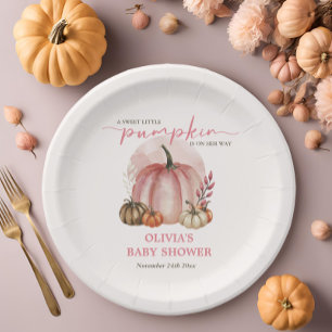 Cute Pink Little Pumpkin Girl Baby Shower Paper Plates