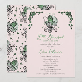 Cute Pink Little Shamrock St Patricks Baby Shower Invitation